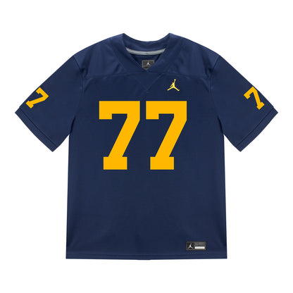 Michigan Wolverines #77 Blake Frazier Student Athlete Blue Football Jersey - Front View