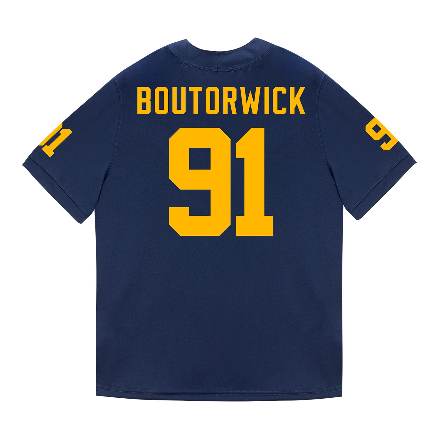 Michigan Wolverines #91 Evan Boutorwick Student Athlete Blue Football Jersey - Back View