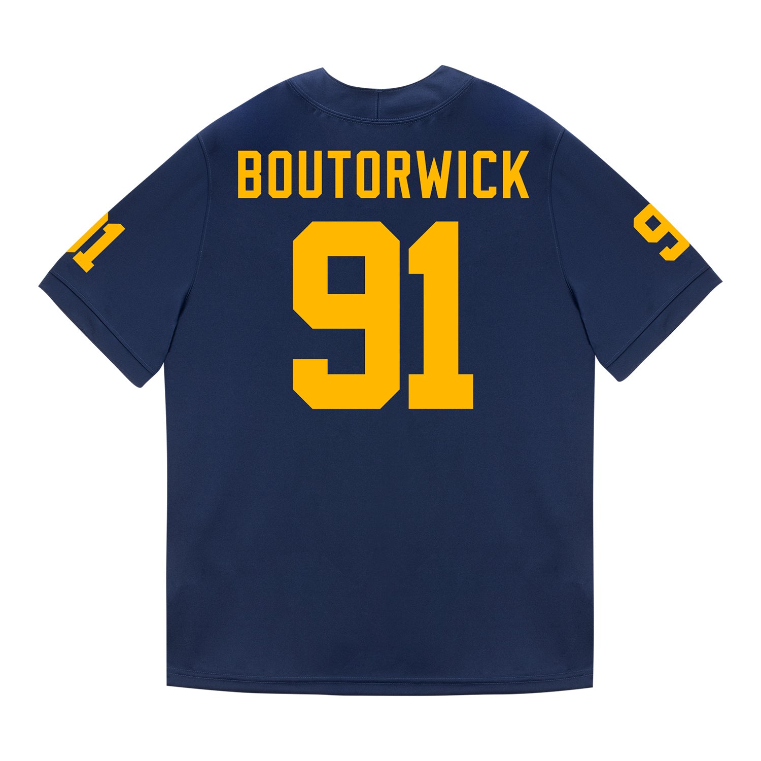 Michigan Wolverines #91 Evan Boutorwick Student Athlete Blue Football Jersey - Back View