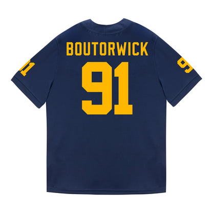 Michigan Wolverines #91 Evan Boutorwick Student Athlete Blue Football Jersey - Back View