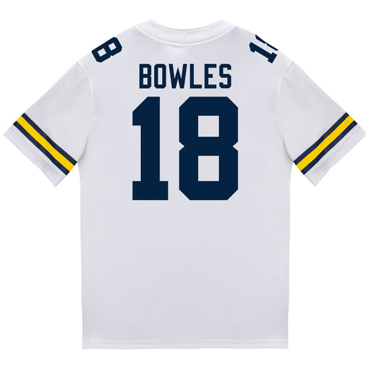 Michigan Wolverines #18 Troy Bowles Student Athlete White Football Jersey - Back View
