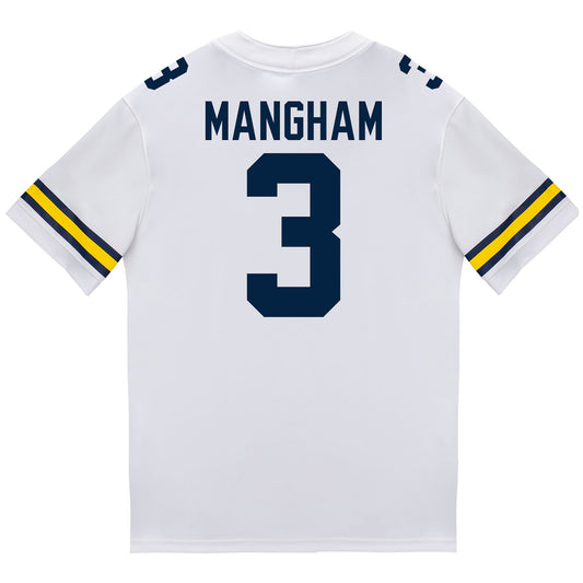 Michigan Wolverines #3 Jaden Mangham Student Athlete White Football Jersey - Back View