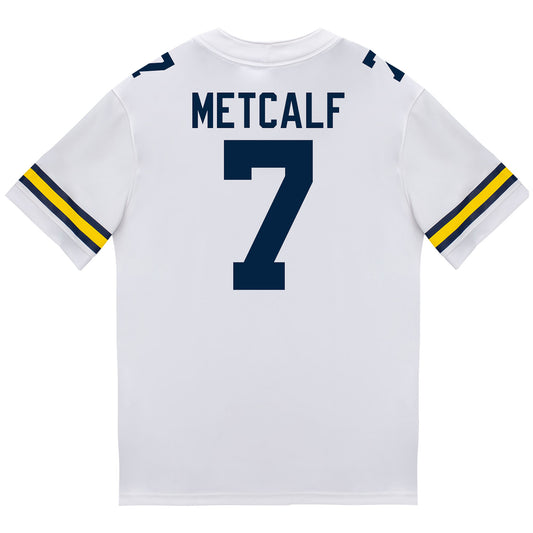 Michigan Wolverines #7 TJ Metcalf Student Athlete White Football Jersey - Back View