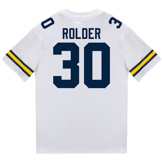 Michigan Wolverines #30 Jimmy Rolder Student Athlete White Football Jersey- Back View