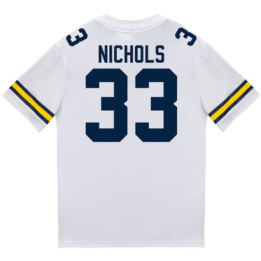 Michigan Wolverines #33 Dominic Nichols Student Athlete White Football Jersey - Back View