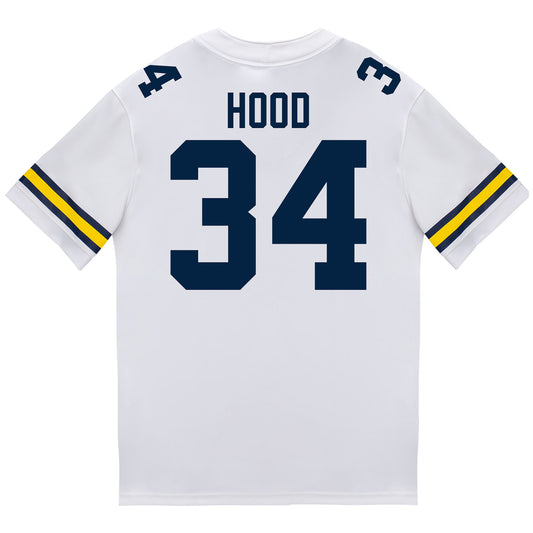 Michigan Wolverines #34 Jaydon Hood Student Athlete White Football Jersey - Back View