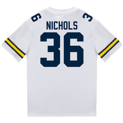 Michigan Wolverines #36 Josh Nichols Student Athlete White Football Jersey - Back View 