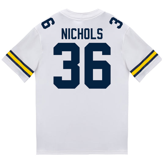 Michigan Wolverines #36 Josh Nichols Student Athlete White Football Jersey - Back View 