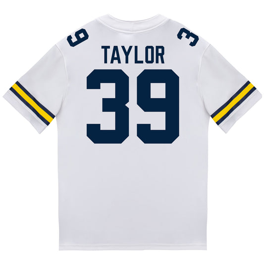 Michigan Wolverines #39 Joe Taylor Student Athlete White Football Jersey - Back View