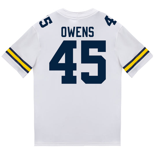 Michigan Wolverines #45 Eli Owens Student Athlete White Football Jersey - Back View