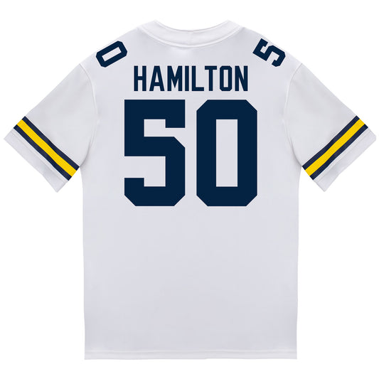 Michigan Wolverines #50 Luke Hamilton Student Athlete White Football Jersey - Back View