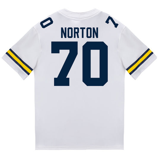 Michigan Wolverines #70 Brady Norton Student Athlete White Football Jersey - Back View