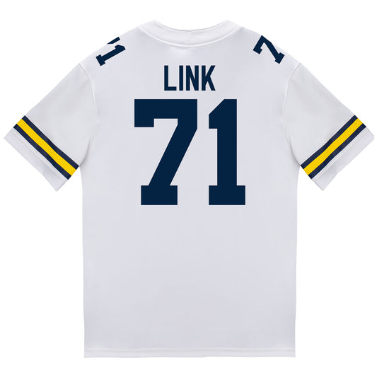 Michigan Wolverines #71 Evan Link Student Athlete White Football Jersey - Back View