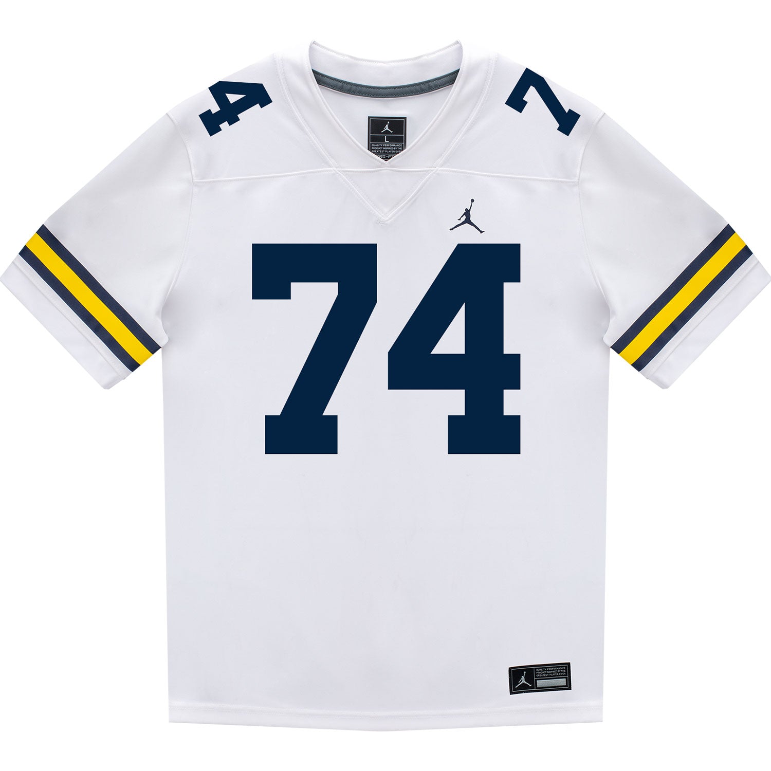 Michigan Wolverines #74 Avery Gach Student Athlete White Football Jersey - Front View