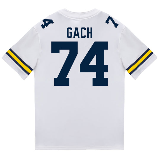 Michigan Wolverines #74 Avery Gach Student Athlete White Football Jersey - Back View