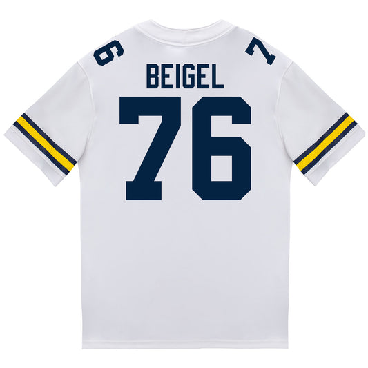 Michigan Wolverines #76 Manuel Beigel Student Athlete White Football Jersey - Back View