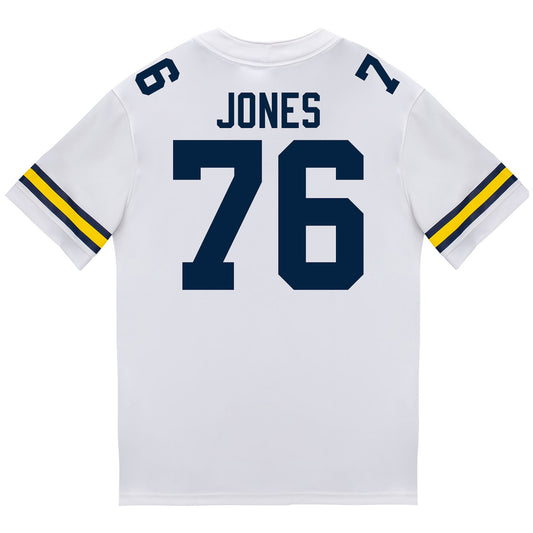 Michigan Wolverines #76 Connor Jones Student Athlete White Football Jersey - Back View