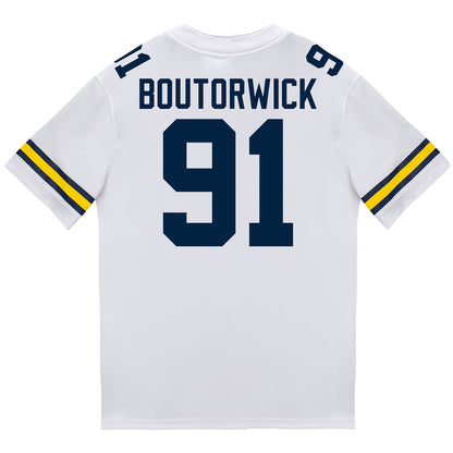 Michigan Wolverines #91 Evan Boutorwick Student Athlete White Football Jersey - Back View