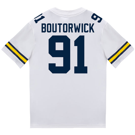 Michigan Wolverines #91 Evan Boutorwick Student Athlete White Football Jersey - Back View