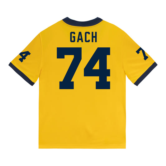 Michigan Wolverines #74 Avery Gach Student Athlete Maize Football Jersey - Back View