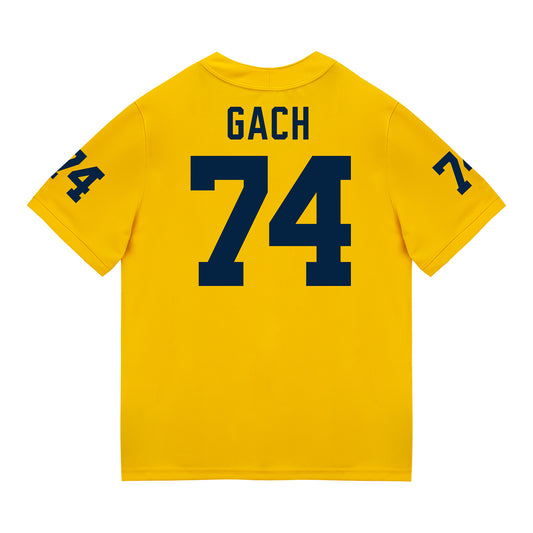 Michigan Wolverines #74 Avery Gach Student Athlete Maize Football Jersey - Back View
