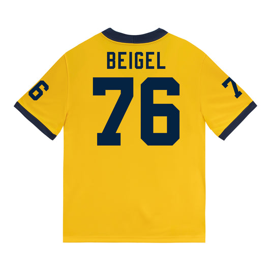 Michigan Wolverines #76 Manuel Beigel Student Athlete Maize Football Jersey - Back View