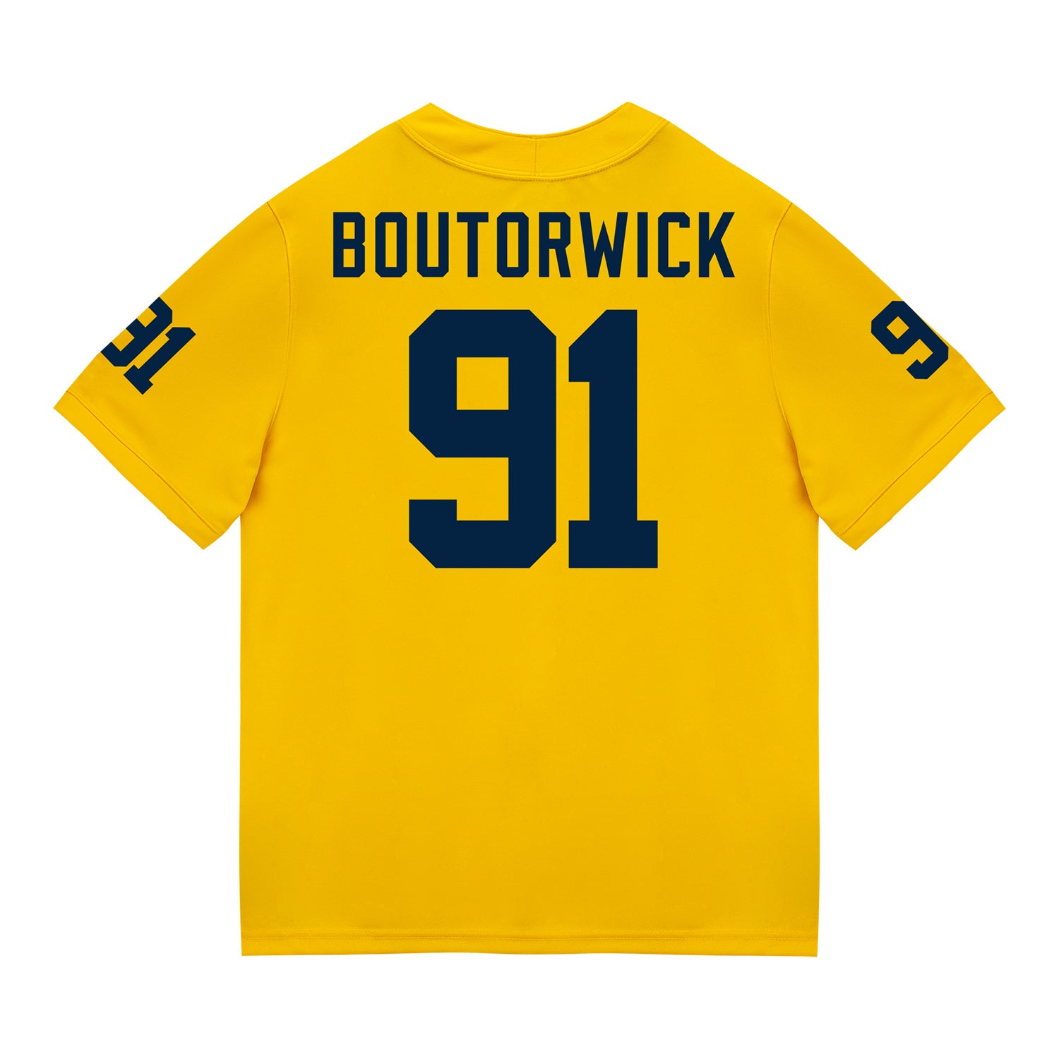 Michigan Wolverines #91 Evan Boutorwick Student Athlete Maize Football Jersey - Back View