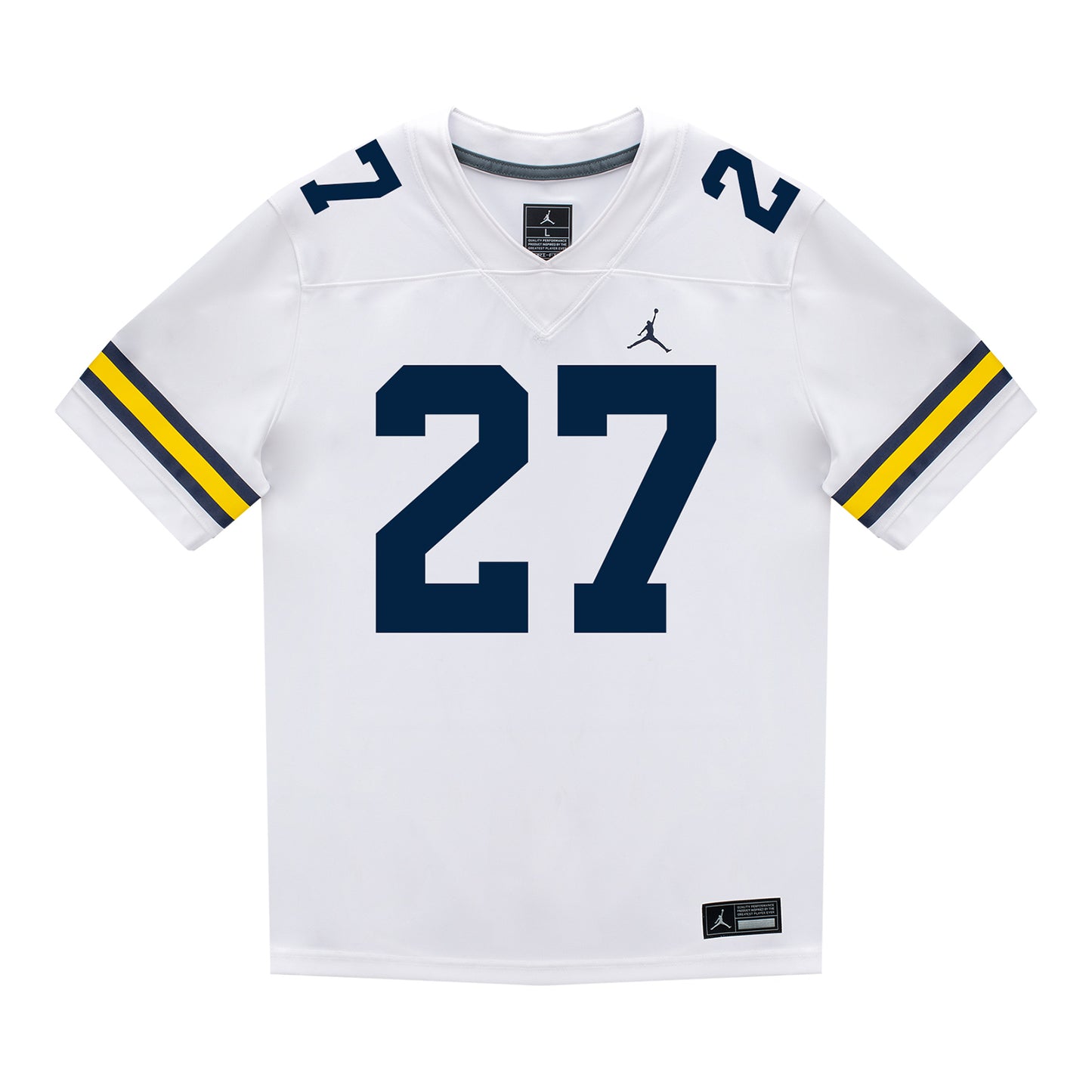 Michigan Wolverines #27 Jayden Sanders Student Athlete White Football Jersey - Front View