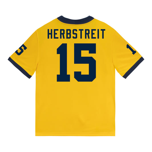 Michigan Wolverines #15 Chase Herbstriet Student Athlete Maize Football Jersey - Back View