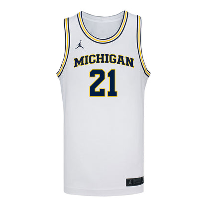 Michigan Wolverines #21 Morez Johnson Jr. Student Athlete White Basketball Jersey - Front View