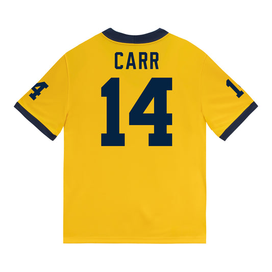 Michigan Wolverines #14 Tommy Carr Student Athlete Maize Football Jersey - Back View