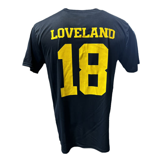 Michigan Wolverines Youth Valiant Blue Colston Loveland #18 N&N T-Shirt - Back View