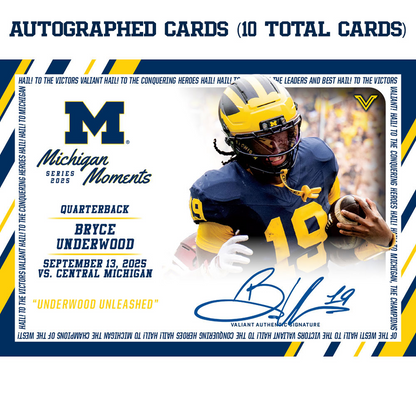 Valiant University of Michigan Football Bryce Underwood 2025 Michigan Moments Trading Card vs. Central Michigan (Chase Parallels and Autograph Cards) Autographed Card - Front View