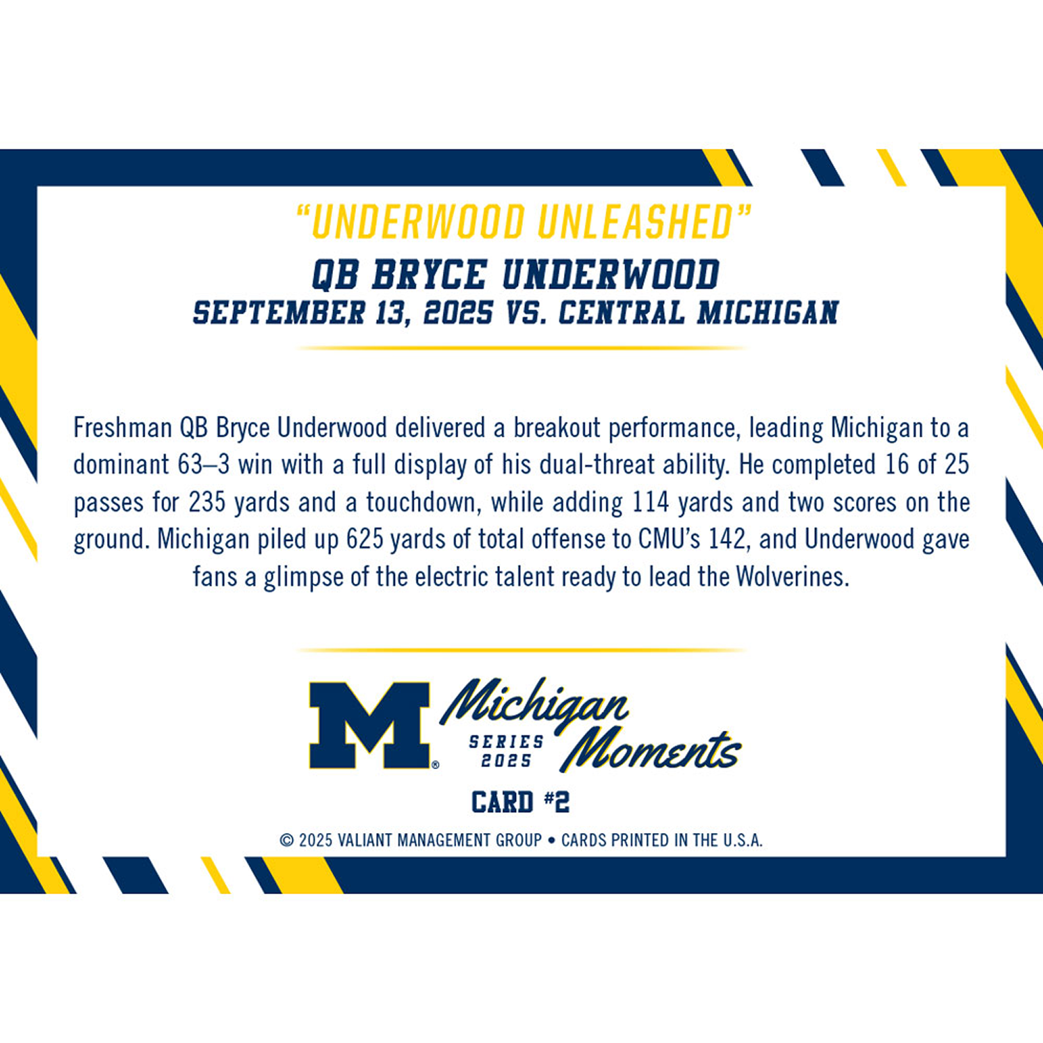 Valiant University of Michigan Football Bryce Underwood 2025 Michigan Moments Trading Card vs. Central Michigan (Chase Parallels and Autograph Cards) Base Card - Back View