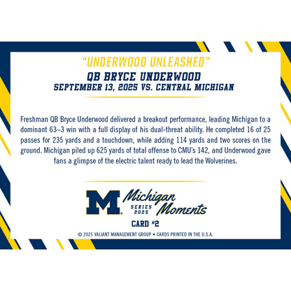 Valiant University of Michigan Football Bryce Underwood 2025 Michigan Moments Trading Card vs. Central Michigan (Chase Parallels and Autograph Cards) Base Card - Back View
