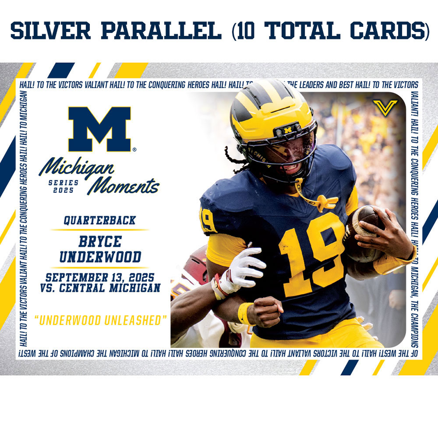 Valiant University of Michigan Football Bryce Underwood 2025 Michigan Moments Trading Card vs. Central Michigan (Chase Parallels and Autograph Cards) Silver Card - Front View