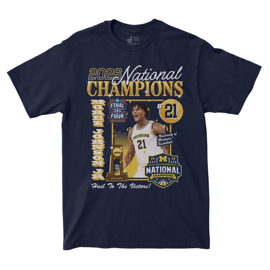 Michigan Wolverines Men's Basketball Campus Ink 2026 National Champion #21 Morez Johnson Jr. T-Shirt