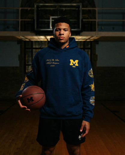 Michigan Wolverines Men's Basketball National Champions Navy Collector's Hoodie - Front Model View