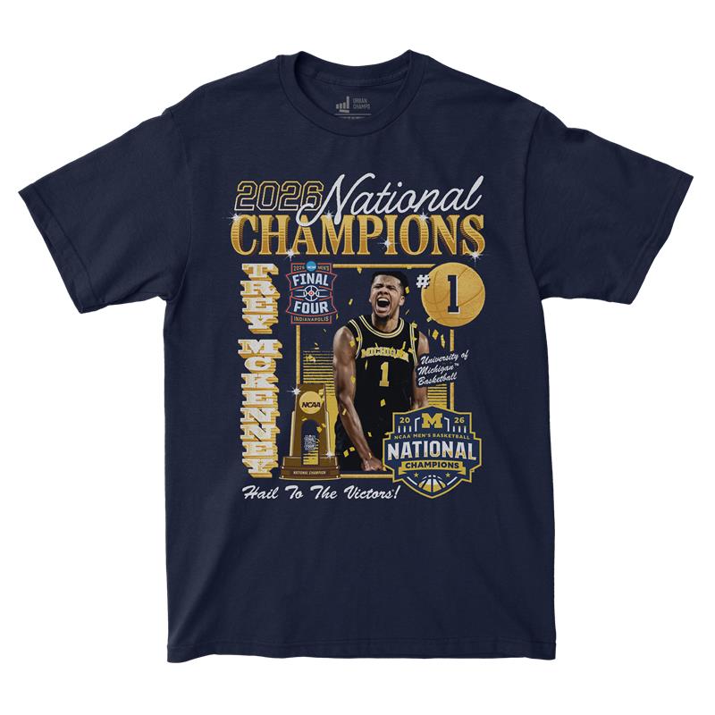 Michigan Wolverines Men's Basketball Campus Ink 2026 National Champion #1 Trey McKenney T-Shirt - Front View
