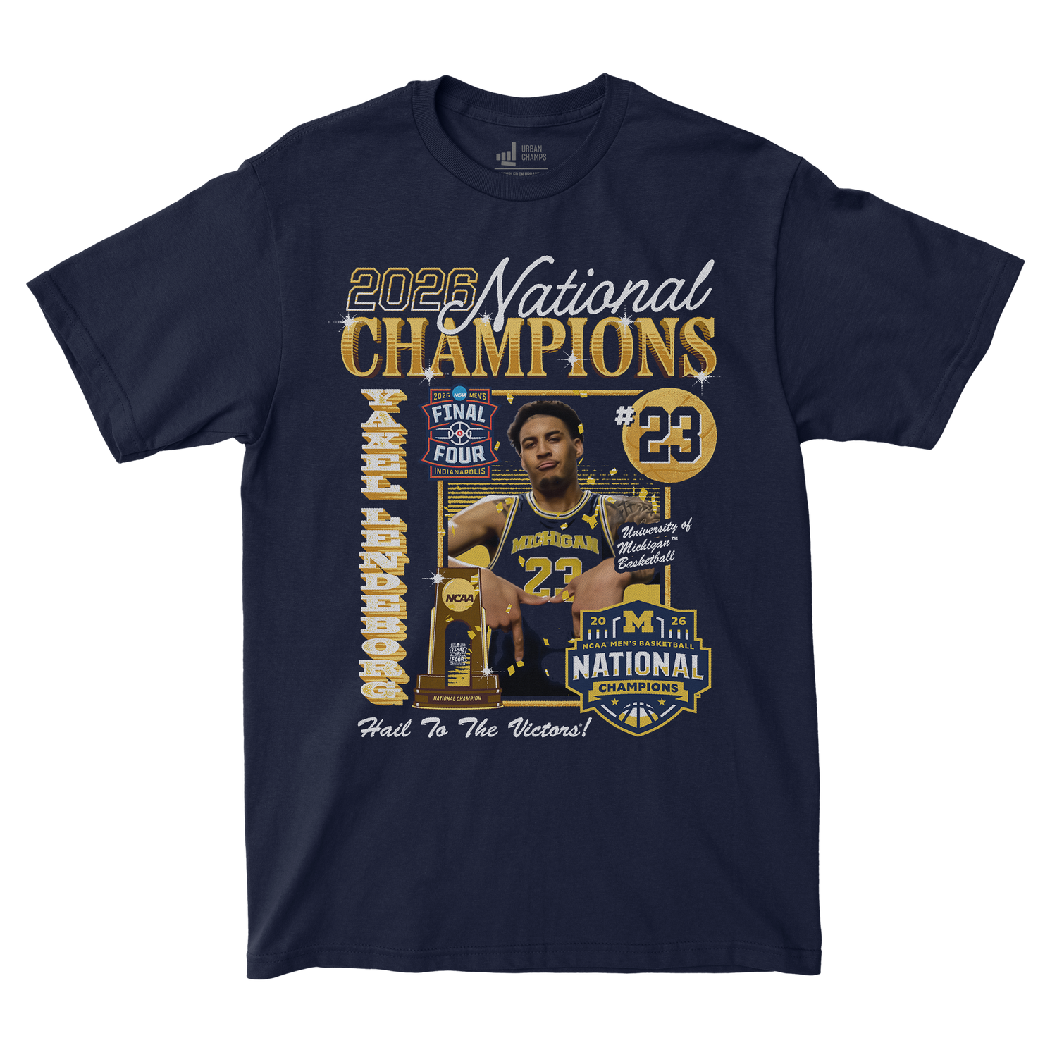 Michigan Wolverines Men's Basketball Campus Ink 2026 National Champion #23 Yaxel Lendeborg T-Shirt - Front View