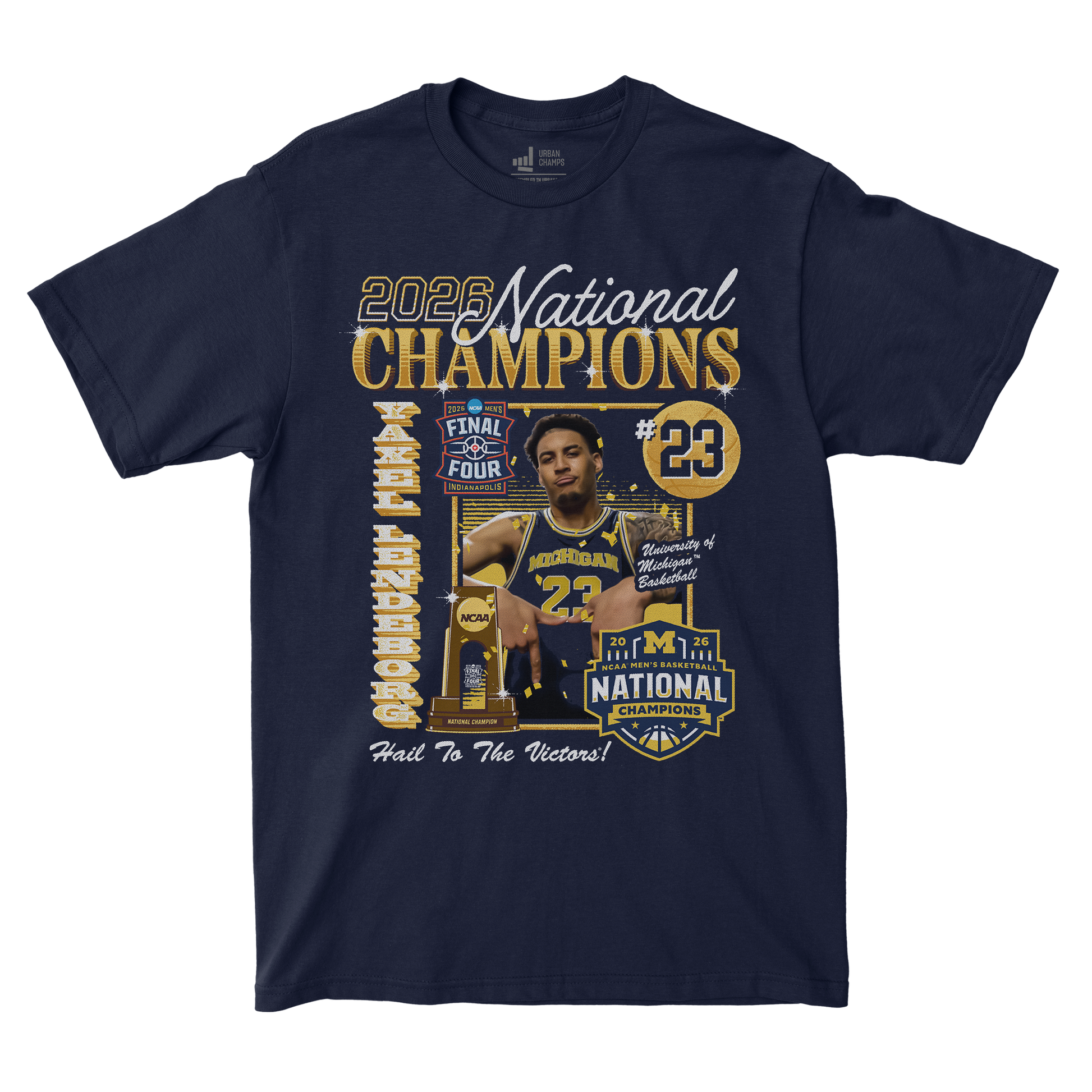 Michigan Wolverines Men's Basketball Campus Ink 2026 National Champion #23 Yaxel Lendeborg T-Shirt - Front View