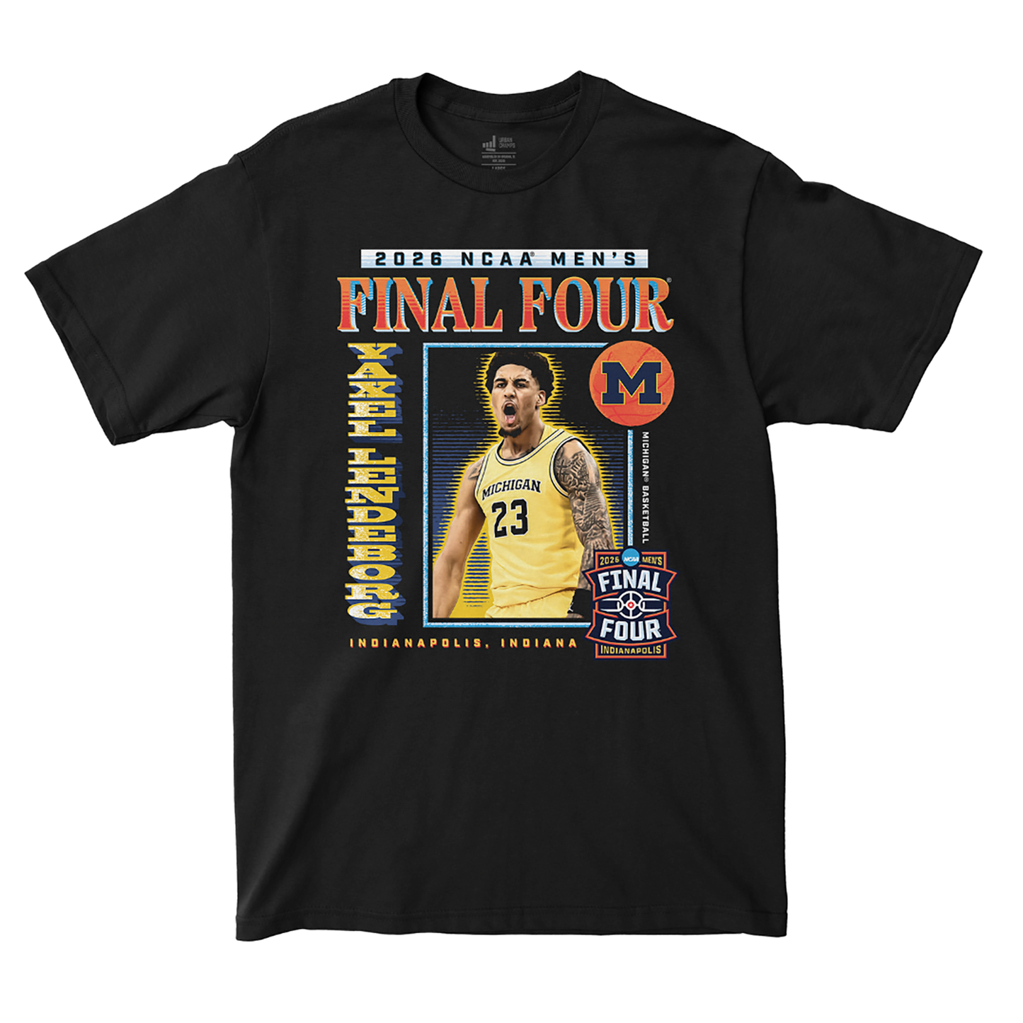 Michigan Wolverines Men's Basketball Campus Ink Yaxel Lendeborg Final Four T-Shirt - Front View